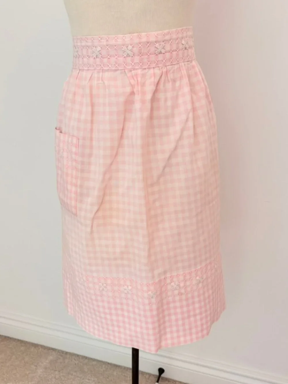 Vintage Pink Gingham Half Apron One Pocket White Cross Stitch Trim Handmade